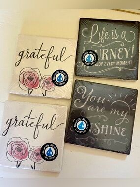 4 NEW GRATEFUL & JOURNEY SOAPSTONE SQUARE COASTERS (NWT)